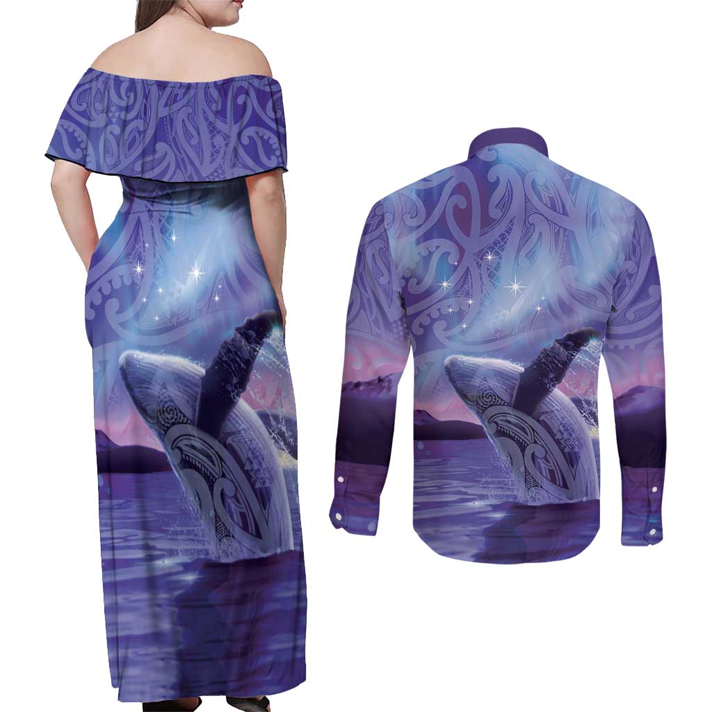 New Zealand Matariki Humpback Whale Couples Matching Off Shoulder Maxi Dress and Long Sleeve Button Shirt Paikea Maori New Year Purple Galaxy LT14 - Polynesian Pride
