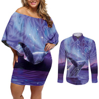 New Zealand Matariki Humpback Whale Couples Matching Off Shoulder Short Dress and Long Sleeve Button Shirt Paikea Maori New Year Purple Galaxy LT14 Purple - Polynesian Pride