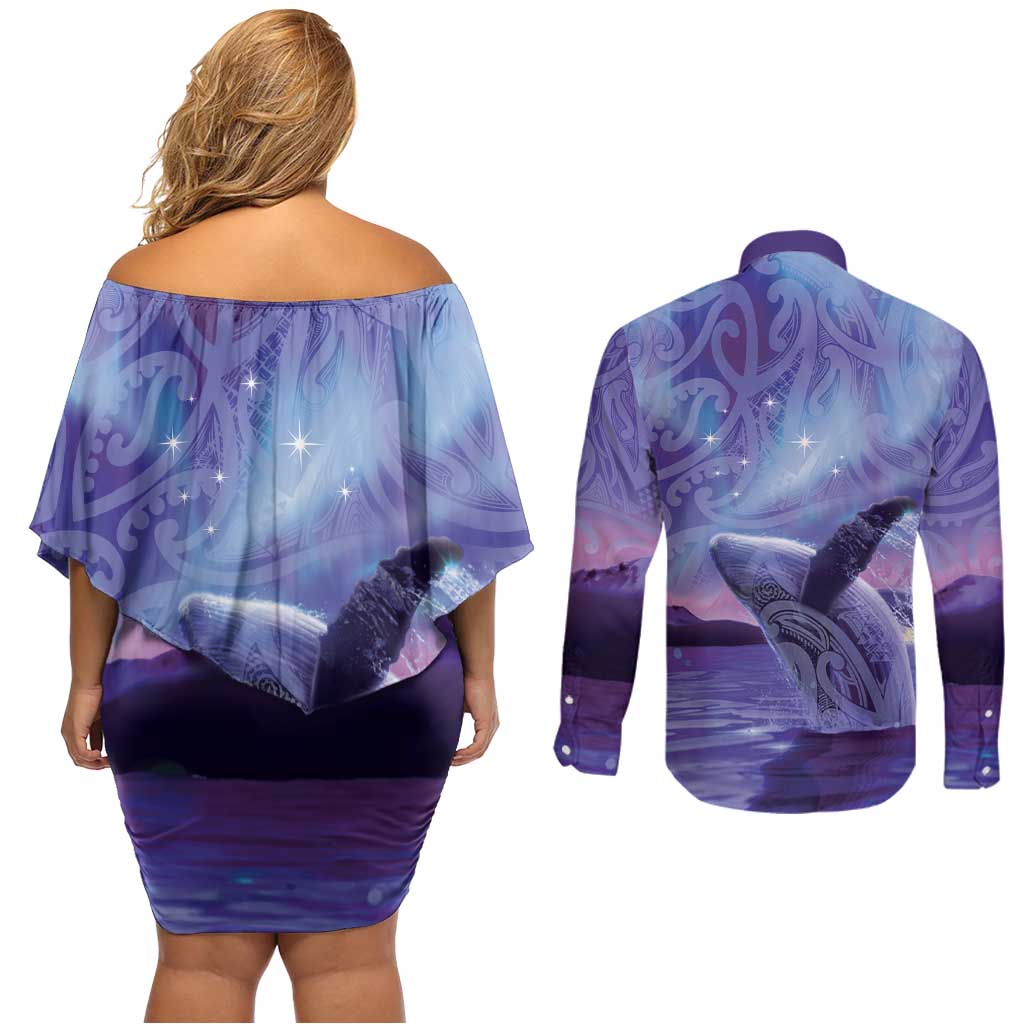 New Zealand Matariki Humpback Whale Couples Matching Off Shoulder Short Dress and Long Sleeve Button Shirt Paikea Maori New Year Purple Galaxy LT14 - Polynesian Pride