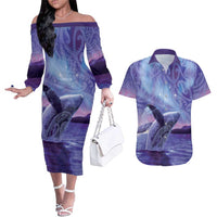 New Zealand Matariki Humpback Whale Couples Matching Off The Shoulder Long Sleeve Dress and Hawaiian Shirt Paikea Maori New Year Purple Galaxy LT14 Purple - Polynesian Pride
