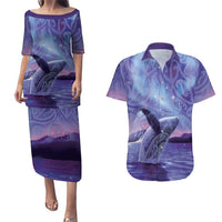 New Zealand Matariki Humpback Whale Couples Matching Puletasi and Hawaiian Shirt Paikea Maori New Year Purple Galaxy LT14 Purple - Polynesian Pride