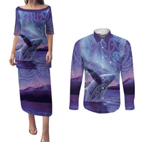 New Zealand Matariki Humpback Whale Couples Matching Puletasi and Long Sleeve Button Shirt Paikea Maori New Year Purple Galaxy LT14 Purple - Polynesian Pride