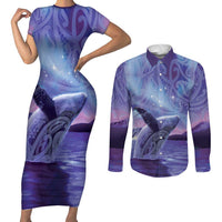 New Zealand Matariki Humpback Whale Couples Matching Short Sleeve Bodycon Dress and Long Sleeve Button Shirt Paikea Maori New Year Purple Galaxy LT14 Purple - Polynesian Pride