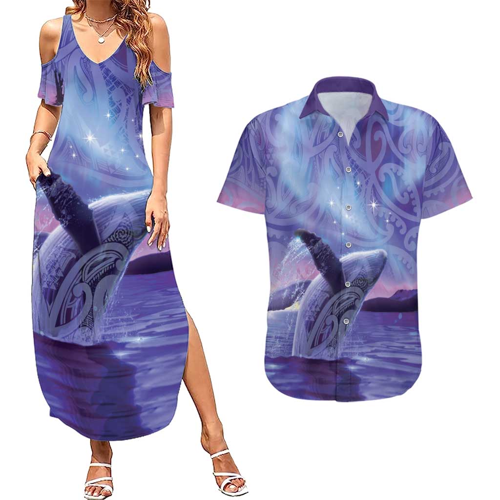New Zealand Matariki Humpback Whale Couples Matching Summer Maxi Dress and Hawaiian Shirt Paikea Maori New Year Purple Galaxy LT14 Purple - Polynesian Pride