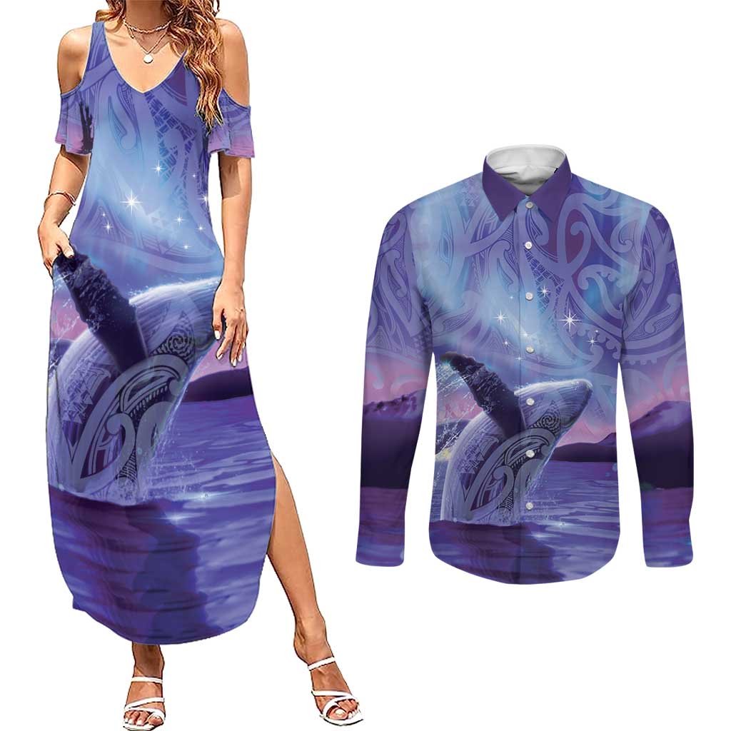 New Zealand Matariki Humpback Whale Couples Matching Summer Maxi Dress and Long Sleeve Button Shirt Paikea Maori New Year Purple Galaxy LT14 Purple - Polynesian Pride