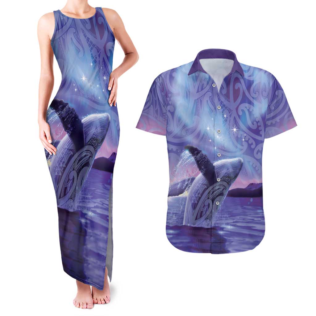 New Zealand Matariki Humpback Whale Couples Matching Tank Maxi Dress and Hawaiian Shirt Paikea Maori New Year Purple Galaxy