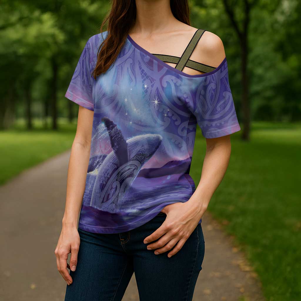 New Zealand Matariki Humpback Whale Cross Shoulder Shirt Paikea Maori New Year Purple Galaxy