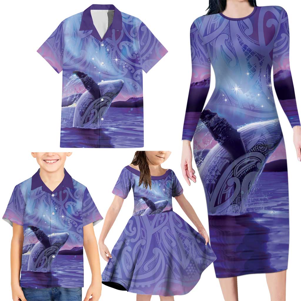 New Zealand Matariki Humpback Whale Family Matching Long Sleeve Bodycon Dress and Hawaiian Shirt Paikea Maori New Year Purple Galaxy