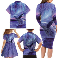 New Zealand Matariki Humpback Whale Family Matching Long Sleeve Bodycon Dress and Hawaiian Shirt Paikea Maori New Year Purple Galaxy LT14 - Polynesian Pride