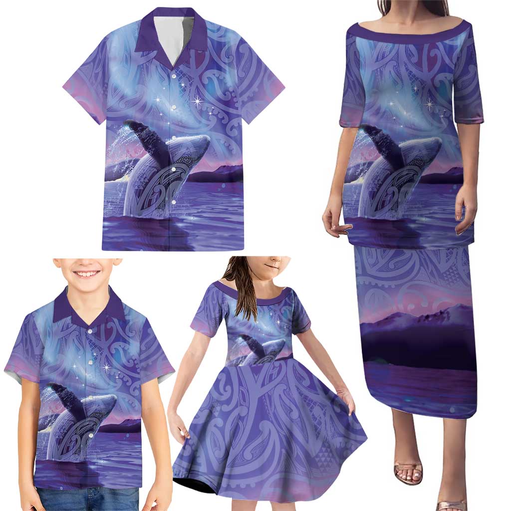 New Zealand Matariki Humpback Whale Family Matching Puletasi and Hawaiian Shirt Paikea Maori New Year Purple Galaxy LT14 - Polynesian Pride