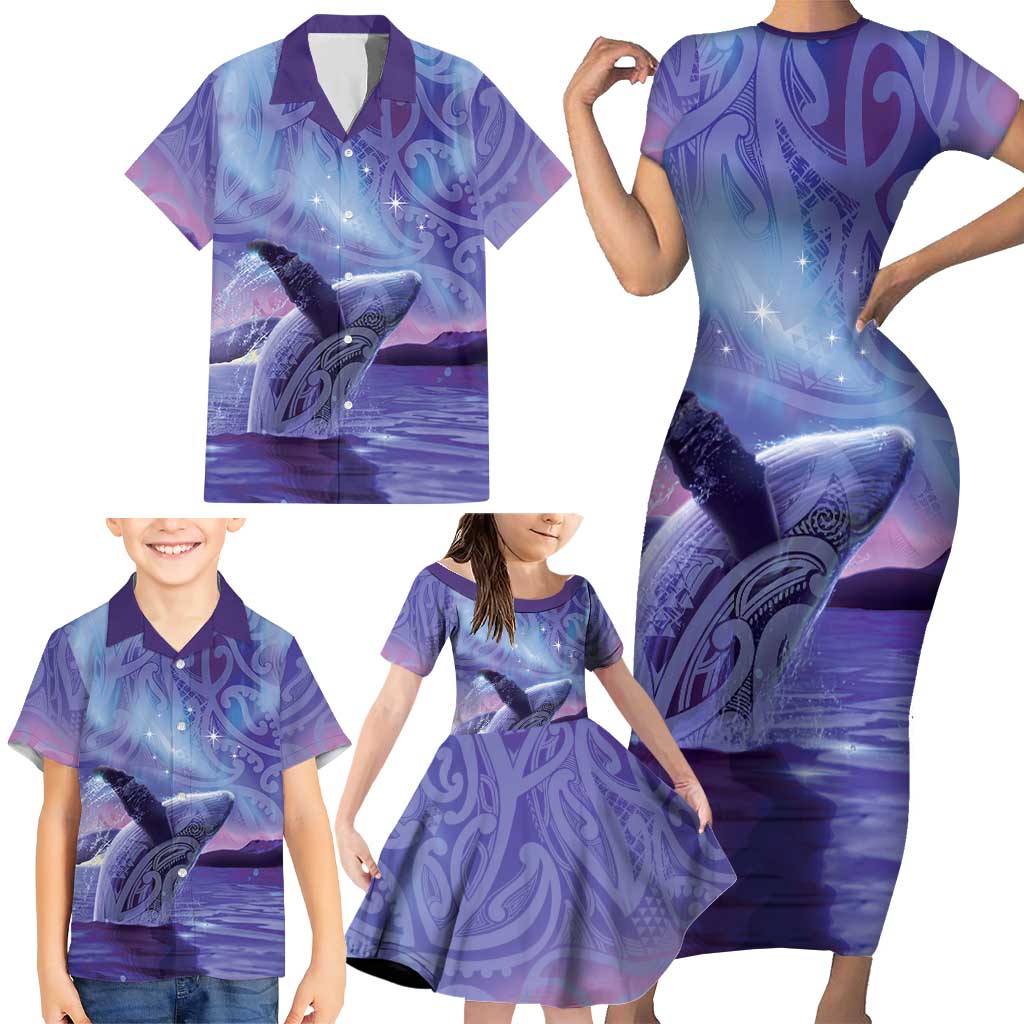 New Zealand Matariki Humpback Whale Family Matching Short Sleeve Bodycon Dress and Hawaiian Shirt Paikea Maori New Year Purple Galaxy LT14 - Polynesian Pride