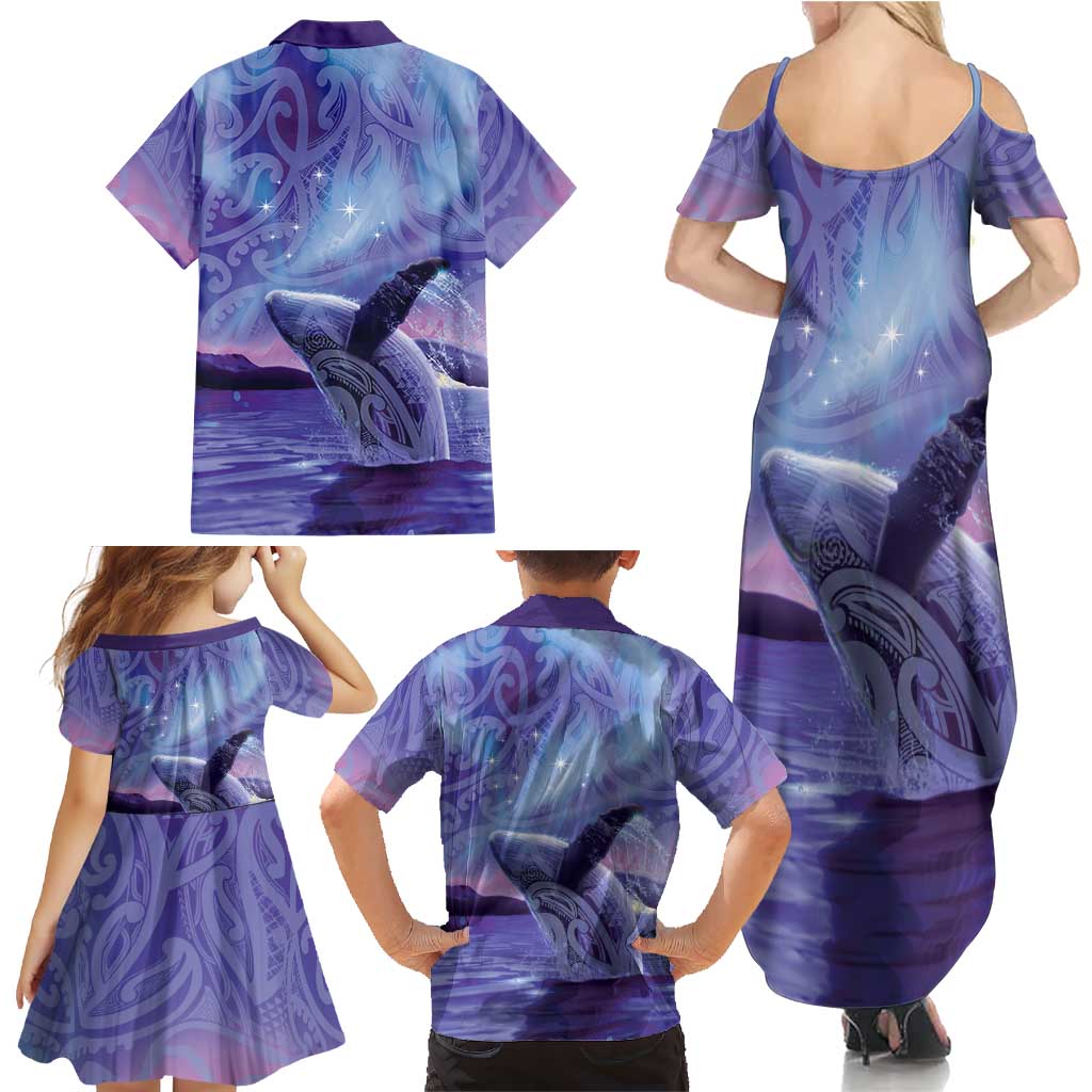New Zealand Matariki Humpback Whale Family Matching Summer Maxi Dress and Hawaiian Shirt Paikea Maori New Year Purple Galaxy LT14 - Polynesian Pride