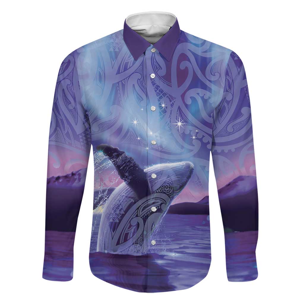 New Zealand Matariki Humpback Whale Family Matching Summer Maxi Dress and Hawaiian Shirt Paikea Maori New Year Purple Galaxy LT14 Dad's Shirt - Long Sleeve Purple - Polynesian Pride