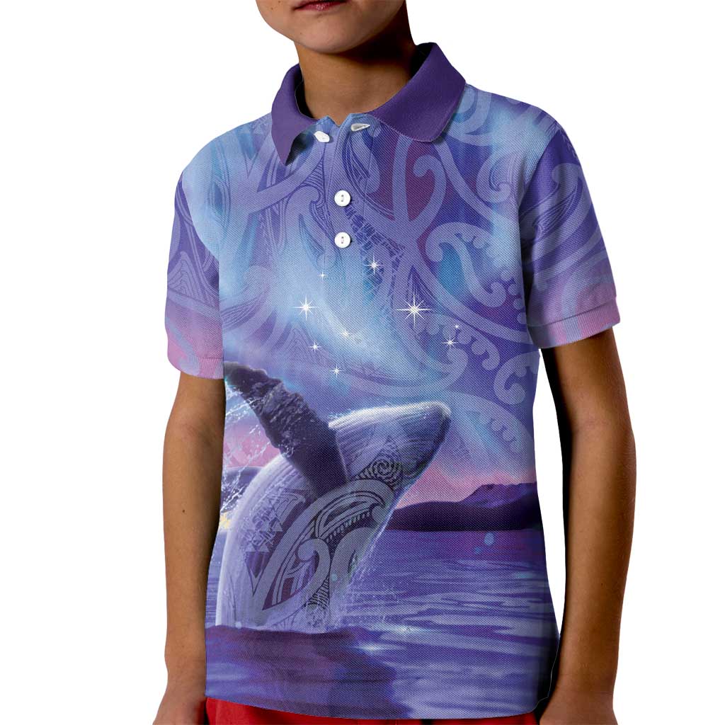 New Zealand Matariki Humpback Whale Kid Polo Shirt Paikea Maori New Year Purple Galaxy