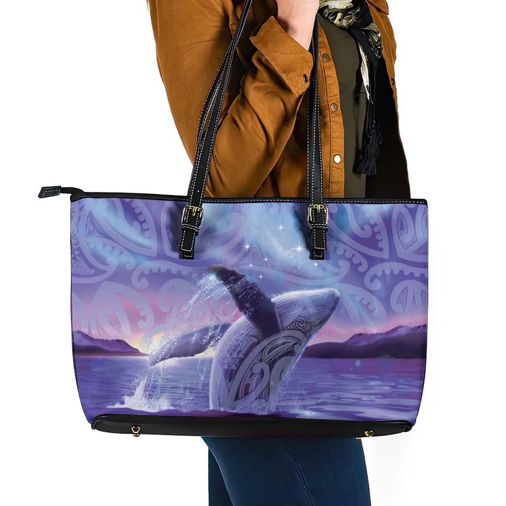 New Zealand Matariki Humpback Whale Leather Tote Bag Paikea Maori New Year Purple Galaxy