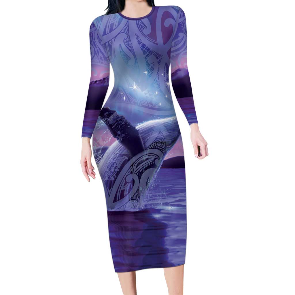New Zealand Matariki Humpback Whale Long Sleeve Bodycon Dress Paikea Maori New Year Purple Galaxy LT14 Long Dress Purple - Polynesian Pride