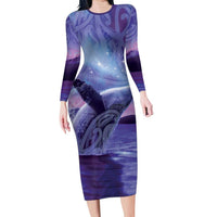 New Zealand Matariki Humpback Whale Long Sleeve Bodycon Dress Paikea Maori New Year Purple Galaxy LT14 Long Dress Purple - Polynesian Pride