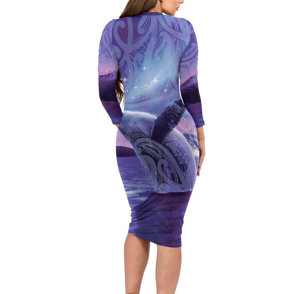 New Zealand Matariki Humpback Whale Long Sleeve Bodycon Dress Paikea Maori New Year Purple Galaxy LT14 - Polynesian Pride
