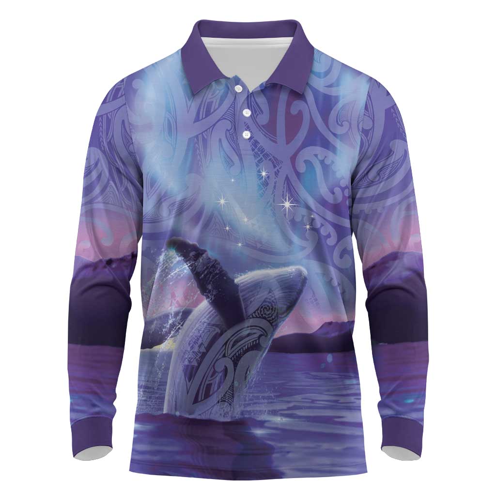 New Zealand Matariki Humpback Whale Long Sleeve Polo Shirt Paikea Maori New Year Purple Galaxy LT14 Purple - Polynesian Pride