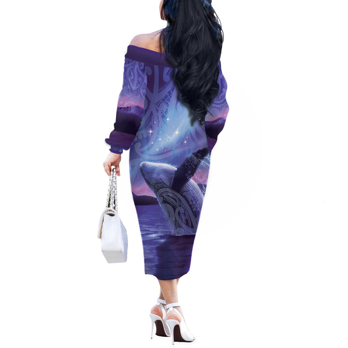 New Zealand Matariki Humpback Whale Off The Shoulder Long Sleeve Dress Paikea Maori New Year Purple Galaxy LT14 - Polynesian Pride
