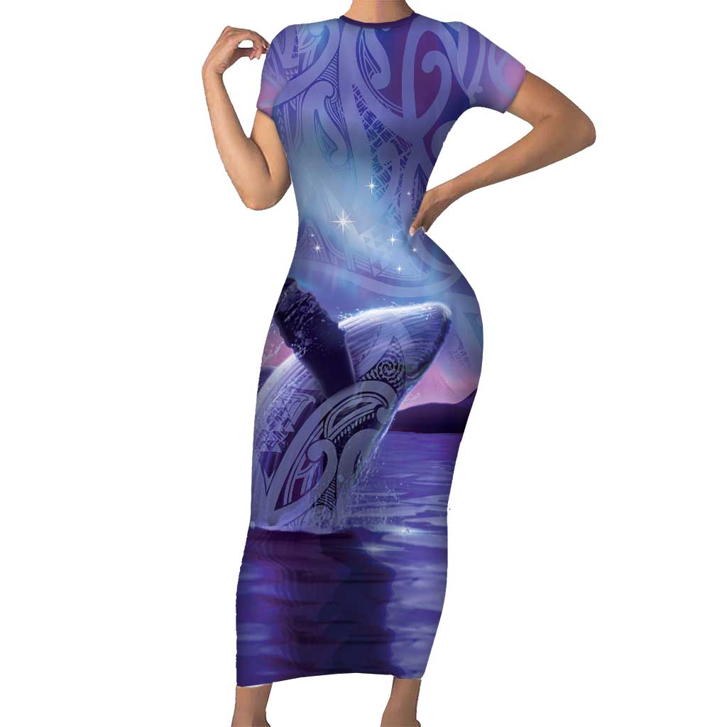 New Zealand Matariki Humpback Whale Short Sleeve Bodycon Dress Paikea Maori New Year Purple Galaxy LT14 Long Dress Purple - Polynesian Pride