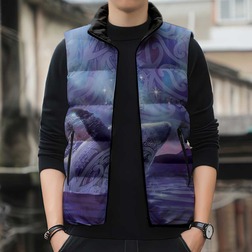 New Zealand Matariki Humpback Whale Sleeveless Puffer Jacket Paikea Maori New Year Purple Galaxy