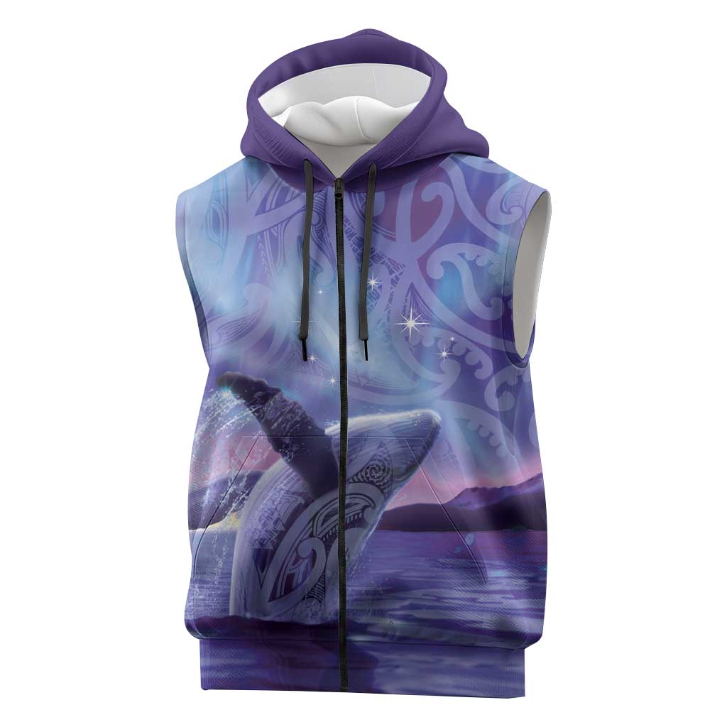 New Zealand Matariki Humpback Whale Sleeveless Zip Hoodie Paikea Maori New Year Purple Galaxy