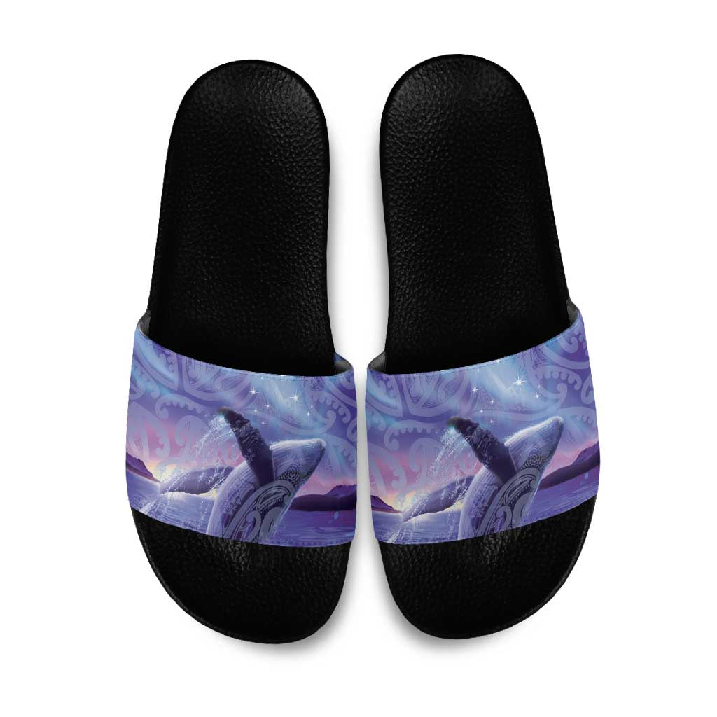 New Zealand Matariki Humpback Whale Slide Sandals Paikea Maori New Year Purple Galaxy