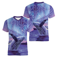 New Zealand Matariki Humpback Whale Women V-Neck T-Shirt Paikea Maori New Year Purple Galaxy LT14 - Polynesian Pride