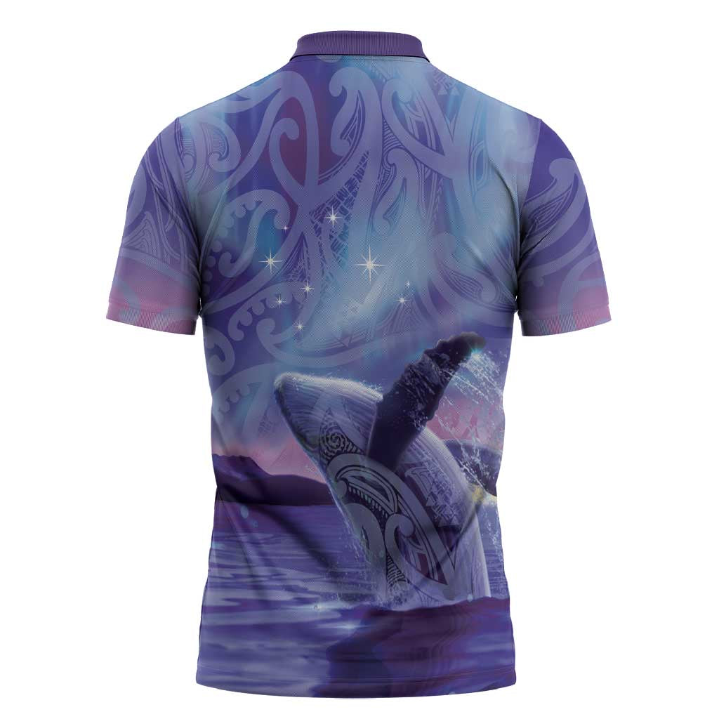 New Zealand Matariki Humpback Whale Zipper Polo Shirt Paikea Maori New Year Purple Galaxy LT14 - Polynesian Pride