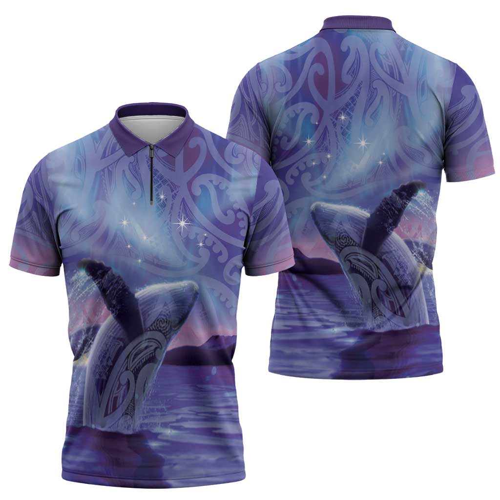 New Zealand Matariki Humpback Whale Zipper Polo Shirt Paikea Maori New Year Purple Galaxy LT14 - Polynesian Pride
