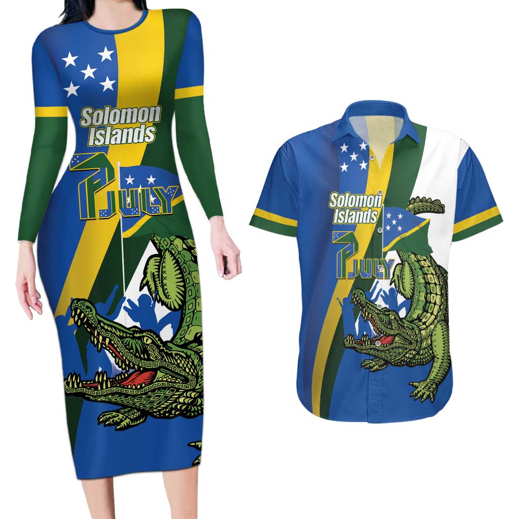 Solomon Islands Independence Day Couples Matching Long Sleeve Bodycon Dress and Hawaiian Shirt Happy 7 July Crocodile Flag Style LT14 Blue - Polynesian Pride