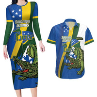 Solomon Islands Independence Day Couples Matching Long Sleeve Bodycon Dress and Hawaiian Shirt Happy 7 July Crocodile Flag Style LT14 Blue - Polynesian Pride