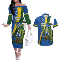 Solomon Islands Independence Day Couples Matching Off The Shoulder Long Sleeve Dress and Hawaiian Shirt Happy 7 July Crocodile Flag Style LT14 Blue - Polynesian Pride