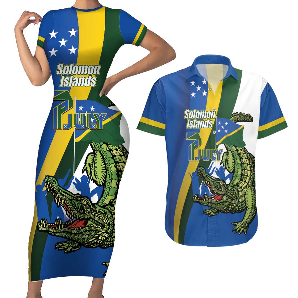 Solomon Islands Independence Day Couples Matching Short Sleeve Bodycon Dress and Hawaiian Shirt Happy 7 July Crocodile Flag Style LT14 Blue - Polynesian Pride