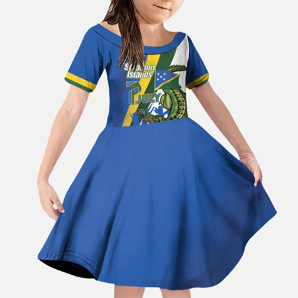 Solomon Islands Independence Day Family Matching Long Sleeve Bodycon Dress and Hawaiian Shirt Happy 7 July Crocodile Flag Style LT14 Daughter's Dress Blue - Polynesian Pride