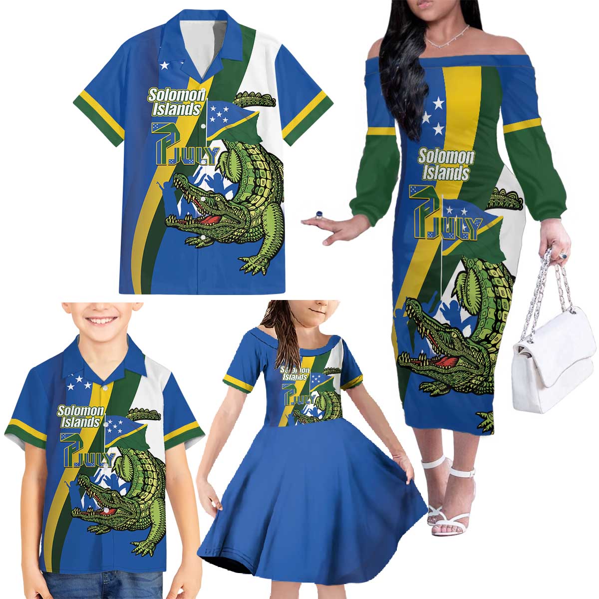 Solomon Islands Independence Day Family Matching Off The Shoulder Long Sleeve Dress and Hawaiian Shirt Happy 7 July Crocodile Flag Style LT14 - Polynesian Pride