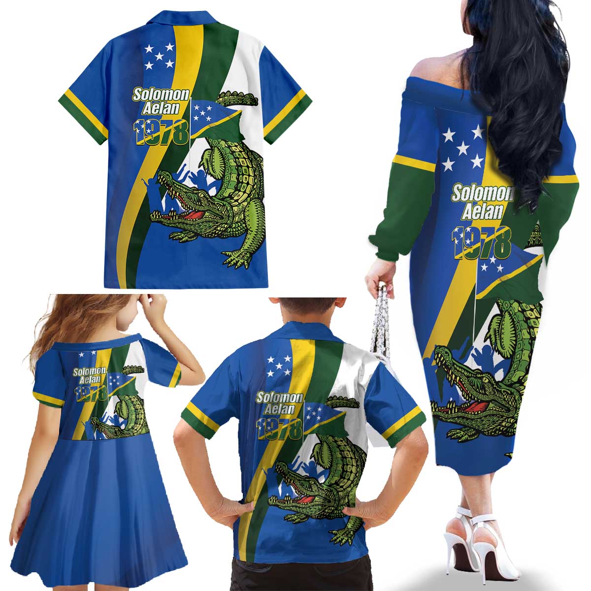 Solomon Islands Independence Day Family Matching Off The Shoulder Long Sleeve Dress and Hawaiian Shirt Happy 7 July Crocodile Flag Style LT14 - Polynesian Pride