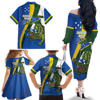 Solomon Islands Independence Day Family Matching Off The Shoulder Long Sleeve Dress and Hawaiian Shirt Happy 7 July Crocodile Flag Style LT14 - Polynesian Pride