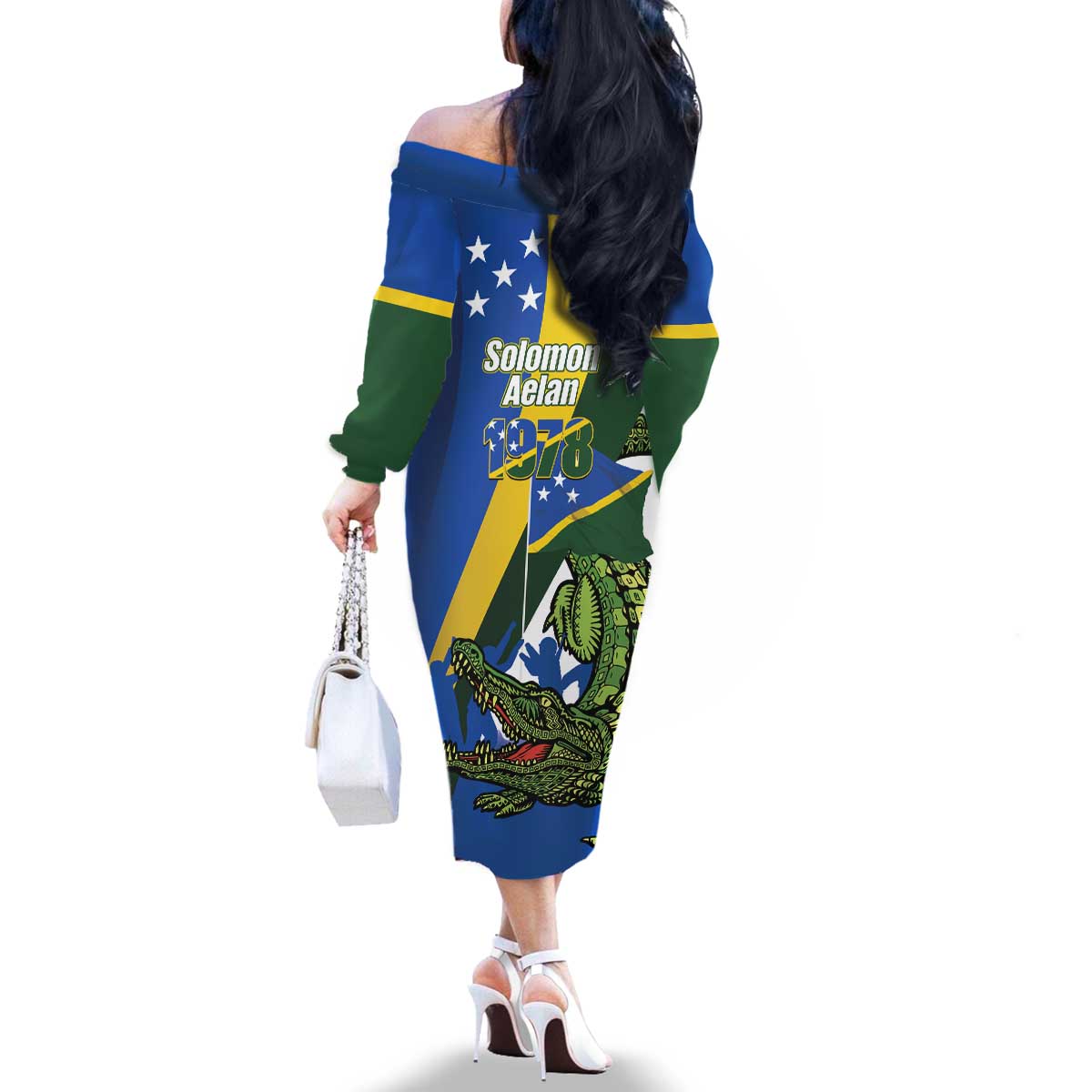 Solomon Islands Independence Day Family Matching Off The Shoulder Long Sleeve Dress and Hawaiian Shirt Happy 7 July Crocodile Flag Style LT14 - Polynesian Pride