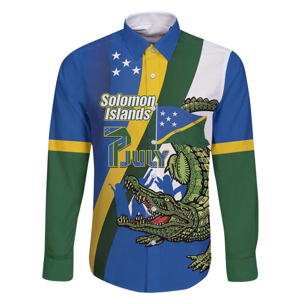 Solomon Islands Independence Day Family Matching Off Shoulder Maxi Dress and Hawaiian Shirt Happy 7 July Crocodile Flag Style LT14 Dad's Shirt - Long Sleeve Blue - Polynesian Pride