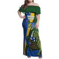 Solomon Islands Independence Day Family Matching Off Shoulder Maxi Dress and Hawaiian Shirt Happy 7 July Crocodile Flag Style LT14 Mom's Dress Blue - Polynesian Pride