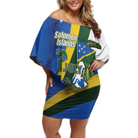 Solomon Islands Independence Day Family Matching Off Shoulder Short Dress and Hawaiian Shirt Happy 7 July Crocodile Flag Style LT14 Mom's Dress Blue - Polynesian Pride