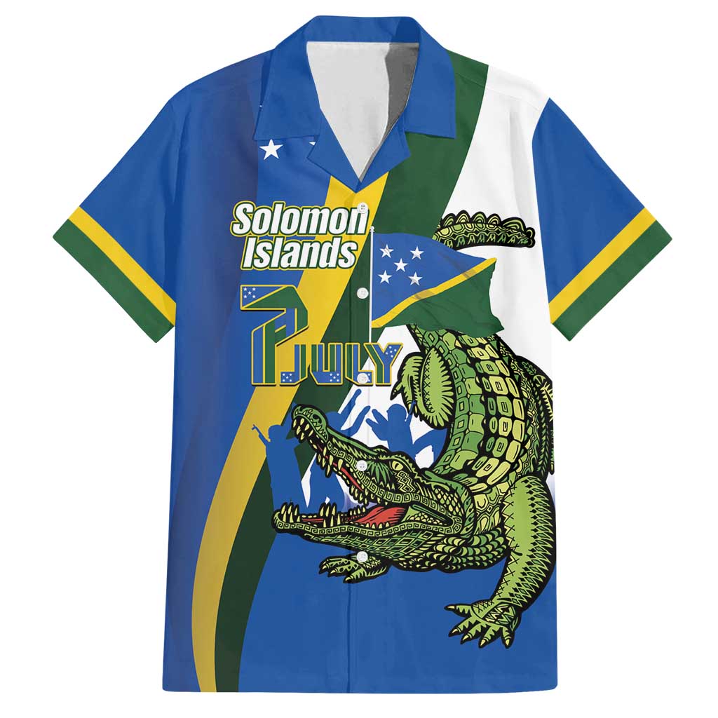 Solomon Islands Independence Day Family Matching Puletasi and Hawaiian Shirt Happy 7 July Crocodile Flag Style LT14 Dad's Shirt - Short Sleeve Blue - Polynesian Pride