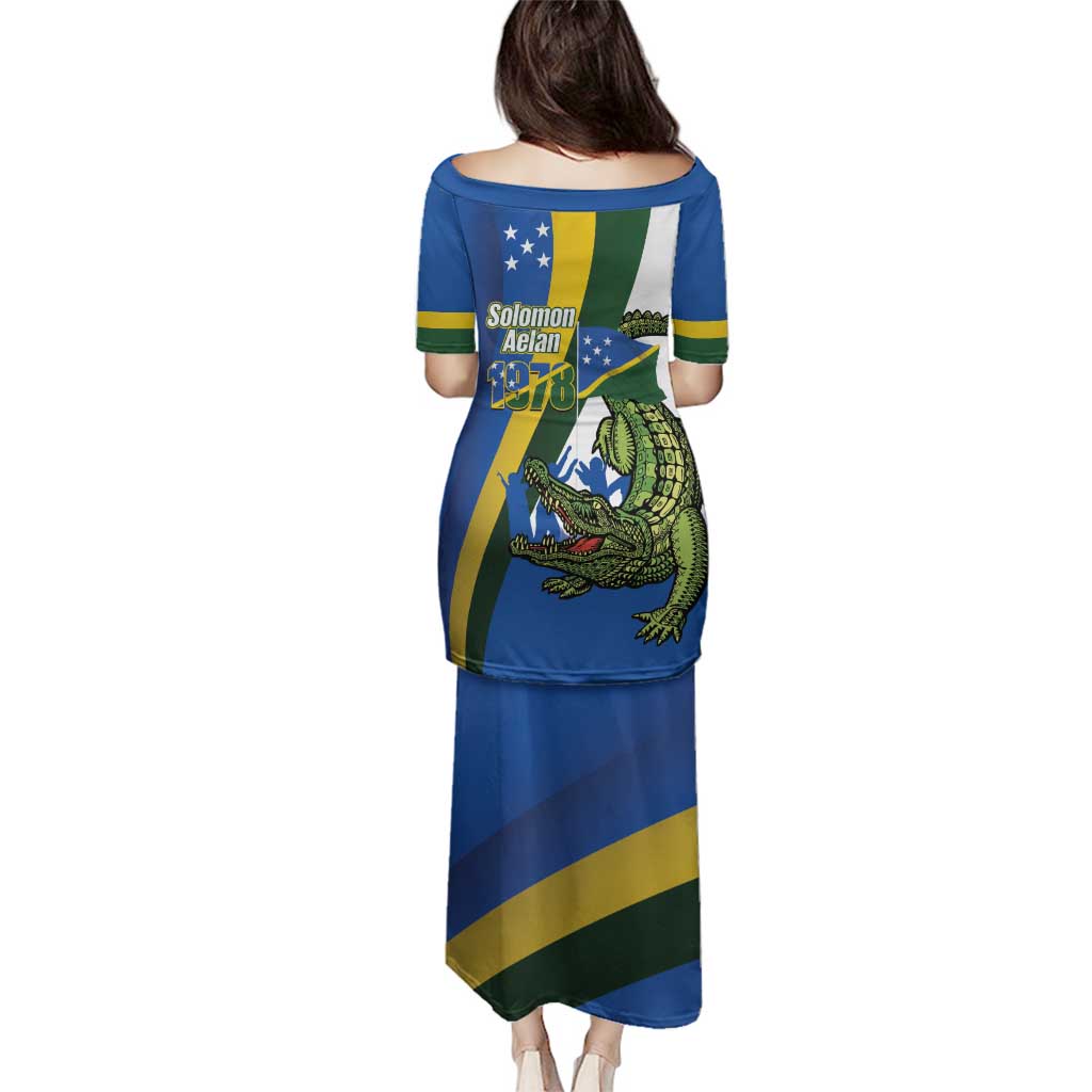Solomon Islands Independence Day Family Matching Puletasi and Hawaiian Shirt Happy 7 July Crocodile Flag Style LT14 - Polynesian Pride
