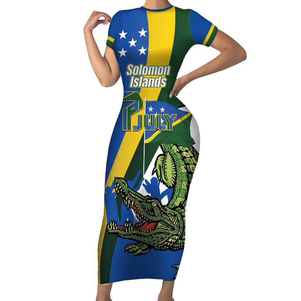 Solomon Islands Independence Day Family Matching Short Sleeve Bodycon Dress and Hawaiian Shirt Happy 7 July Crocodile Flag Style LT14 Mom's Dress Blue - Polynesian Pride