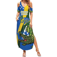 Solomon Islands Independence Day Family Matching Summer Maxi Dress and Hawaiian Shirt Happy 7 July Crocodile Flag Style LT14 Mom's Dress Blue - Polynesian Pride