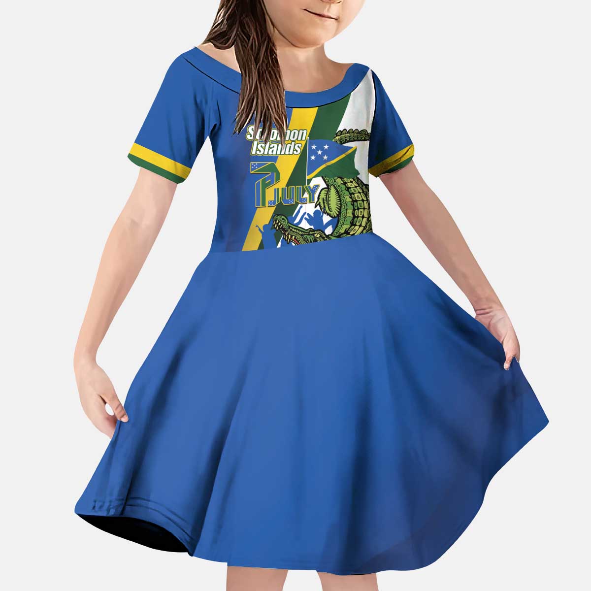 Solomon Islands Independence Day Kid Short Sleeve Dress Happy 7 July Crocodile Flag Style
