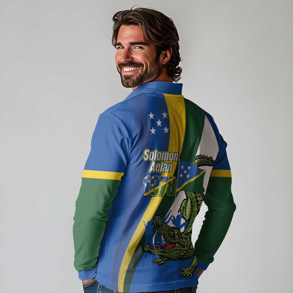 Solomon Islands Independence Day Long Sleeve Polo Shirt Happy 7 July Crocodile Flag Style
