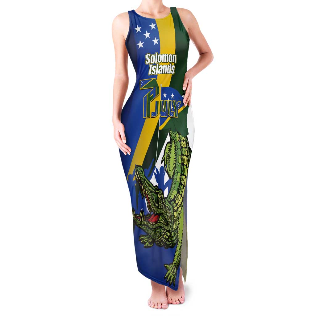 Solomon Islands Independence Day Tank Maxi Dress Happy 7 July Crocodile Flag Style LT14 Women Blue - Polynesian Pride
